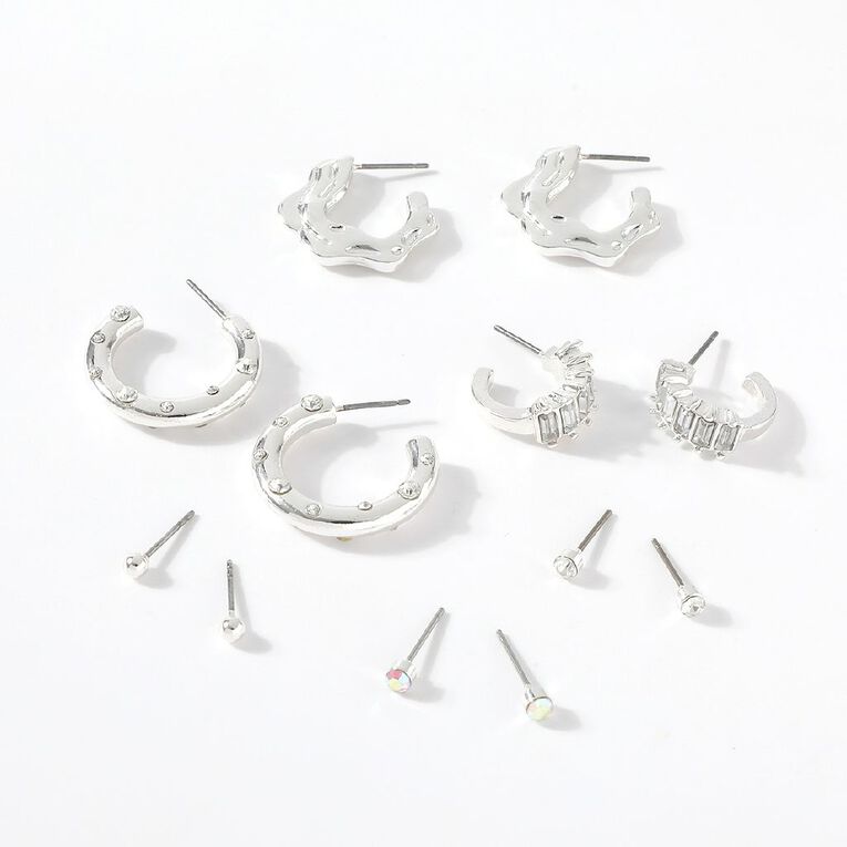 H&H Molten Shape Clear Gem Hoop Silver Earrings 6 Pairs, , hi-res