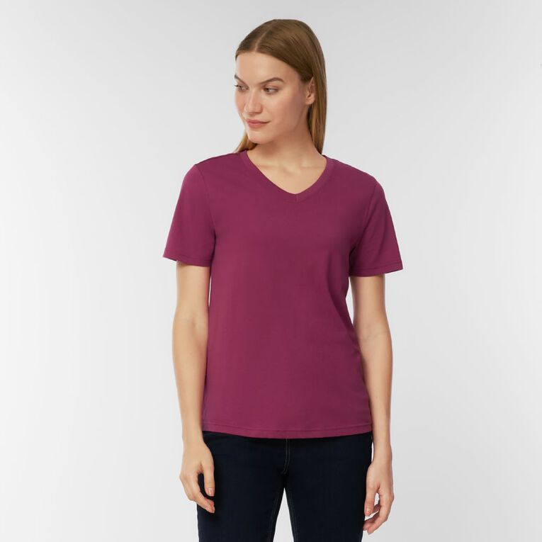 H&H Women's Short Sleeve Cotton V-Neck Tee, Purple Mid, hi-res