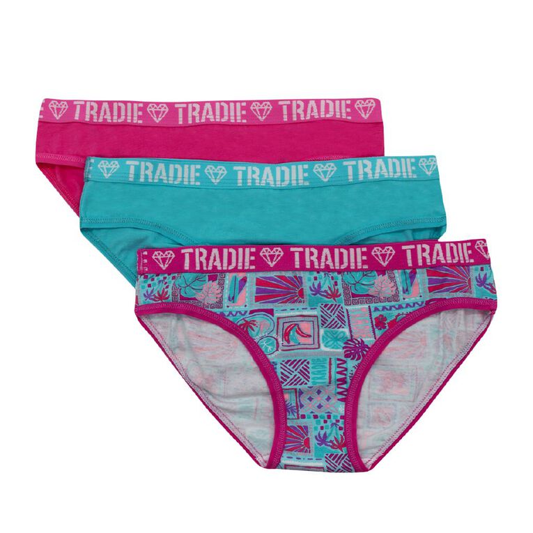 Tradie Girls' Bikini Briefs 3 Pack, Pink Dark, hi-res