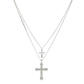 H&H Textured Cross Necklace 2 Layers Silver
