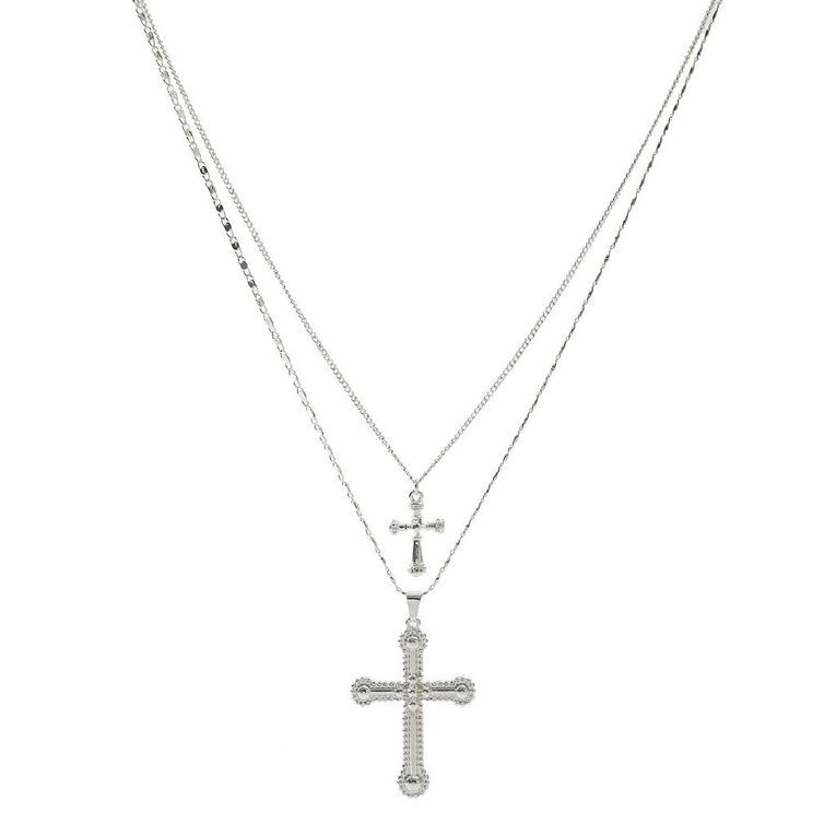 H&H Textured Cross Necklace 2 Layers Silver, , hi-res