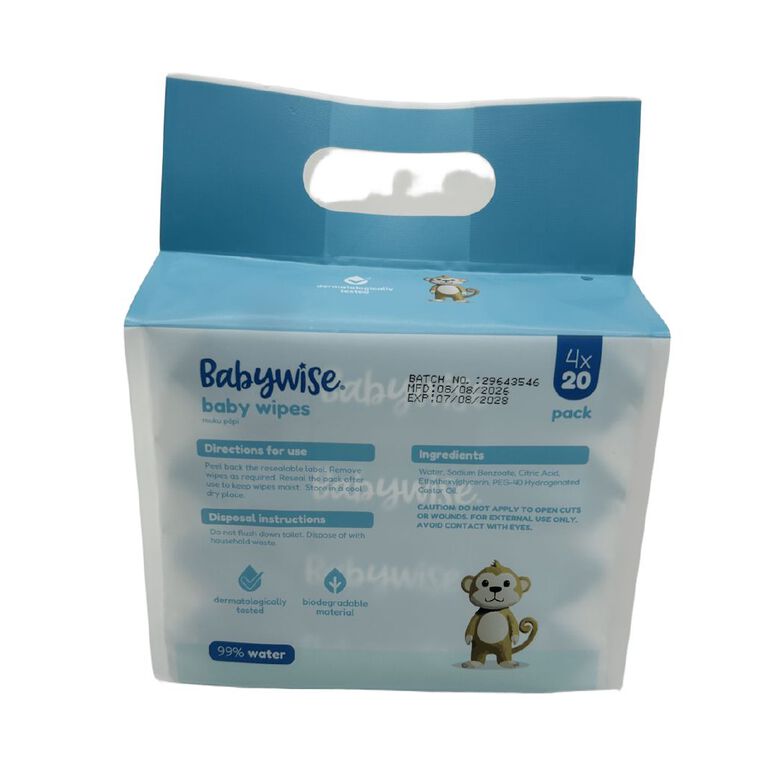 Babywise Wipes 99% Water Fragrance Free 4 x 20 Pack, , hi-res