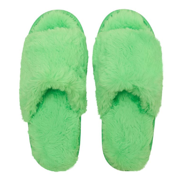 H&H Women's Fluffy Neon Strap Slippers, Green, hi-res