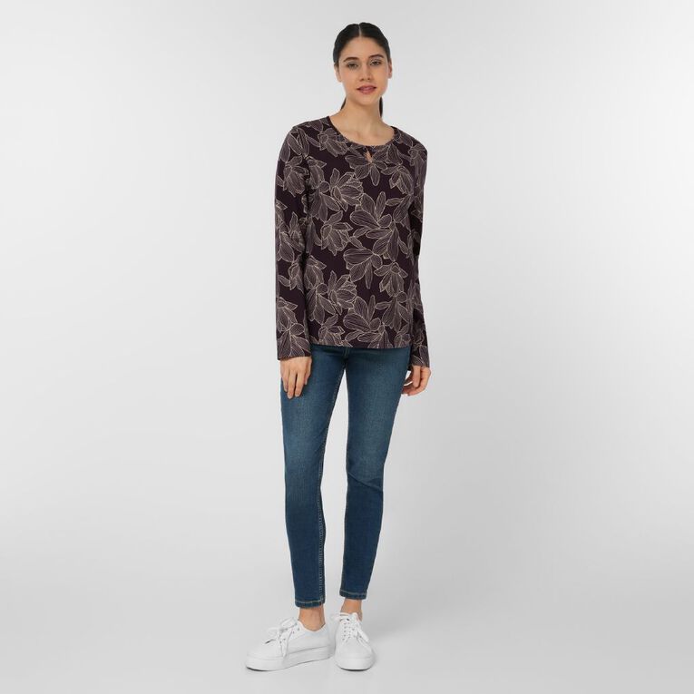 H&H Women's Long Sleeve Keyhole Print Top, Purple Dark, hi-res