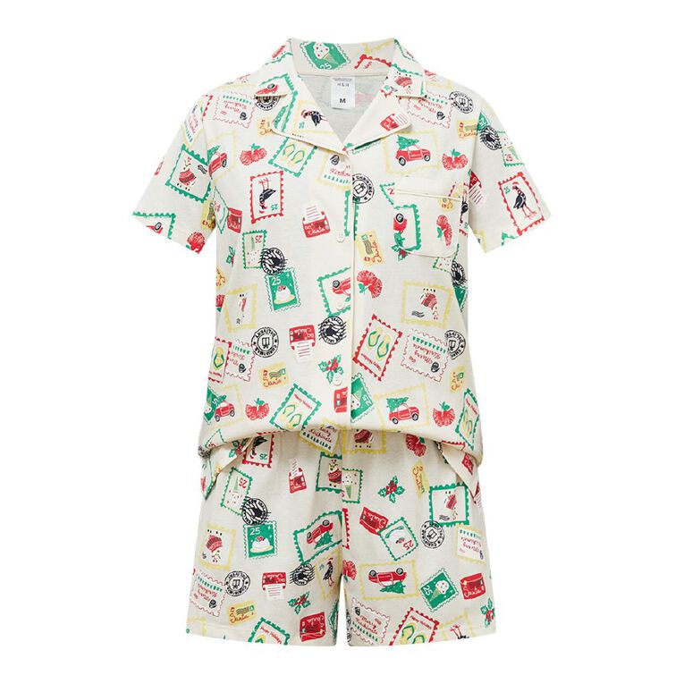 H&H Women's Christmas Button Up Short Sleeve Pyjama Set, Cream, hi-res