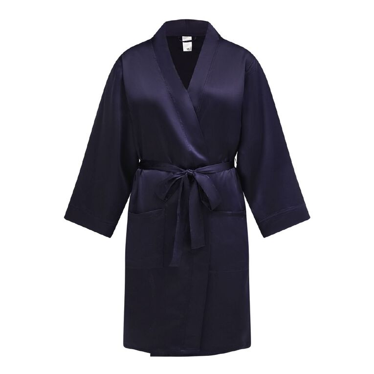 H&H Women's Satin Robe, Blue Dark, hi-res