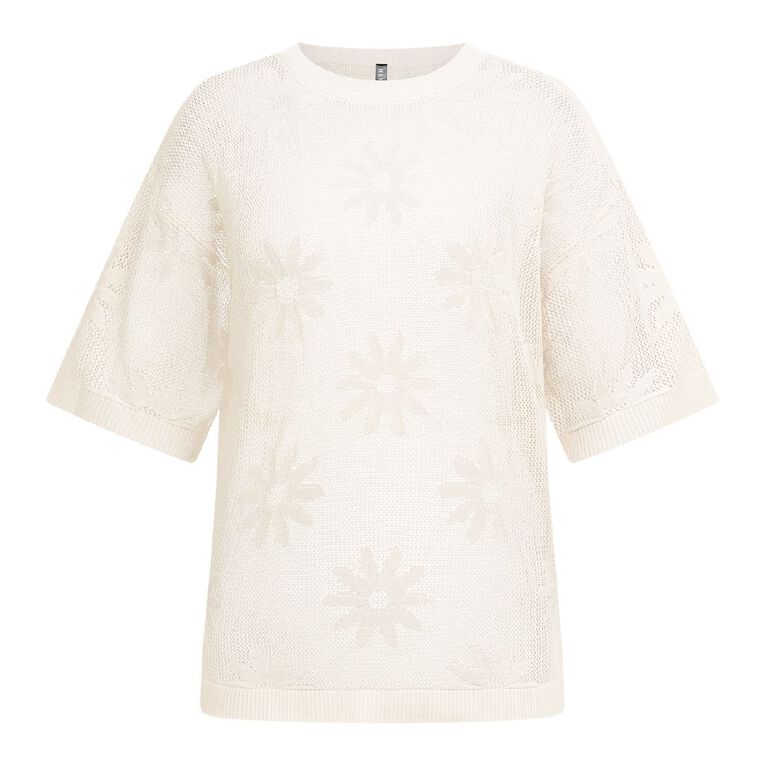 H&H Women's Amber Rixon Short Sleeve Crochet Flower Knit, Cream, hi-res