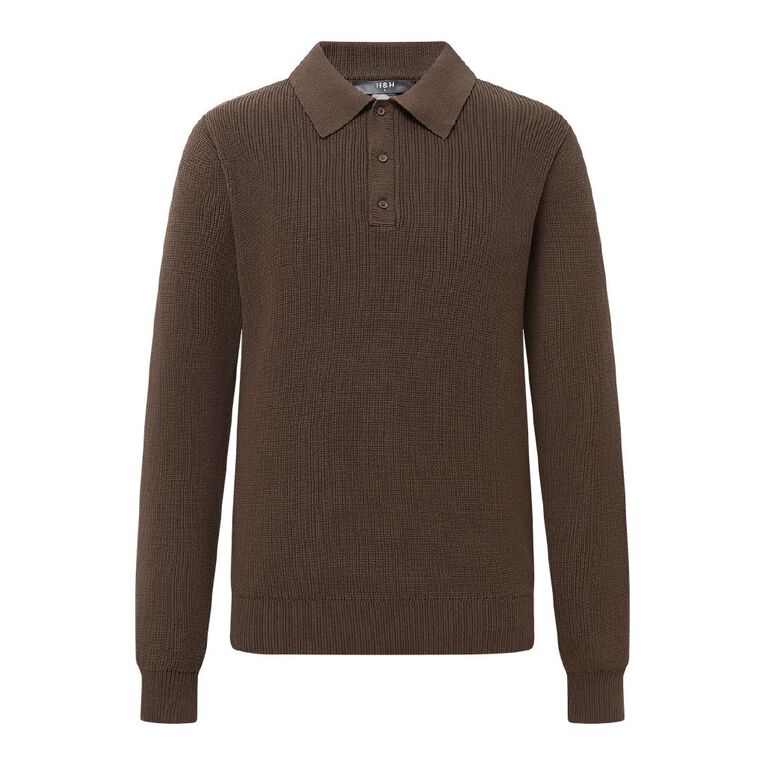 H&H Men's Polo Fisherman Rib Pullover, Brown Dark, hi-res