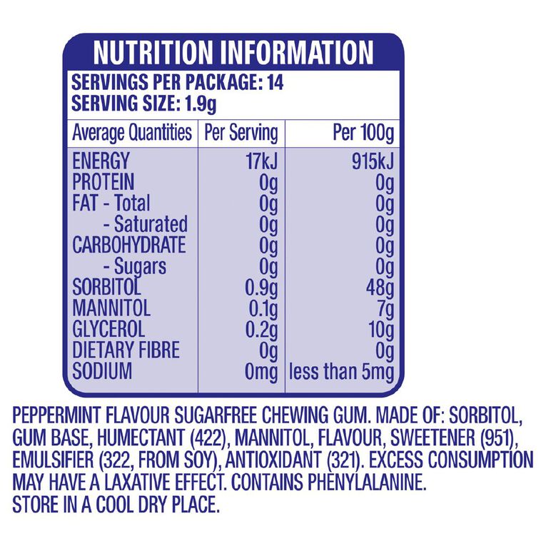 Extra Peppermint Chewing Gum Sugar Free 14 Piece 27g, , hi-res