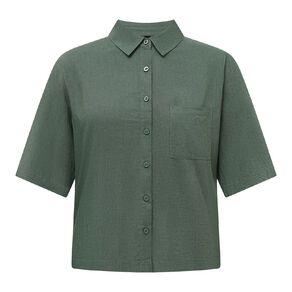 H&H Women's Short Sleeve Cropped Linen Blend Shirt