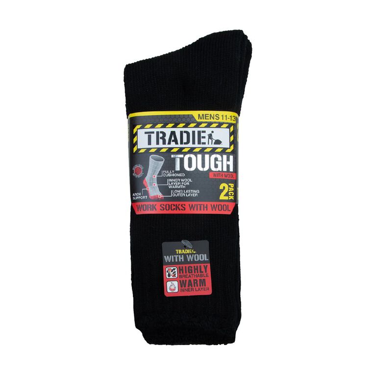 Tradie Men's Work Socks with Wool 2 Pack Black The Warehouse
