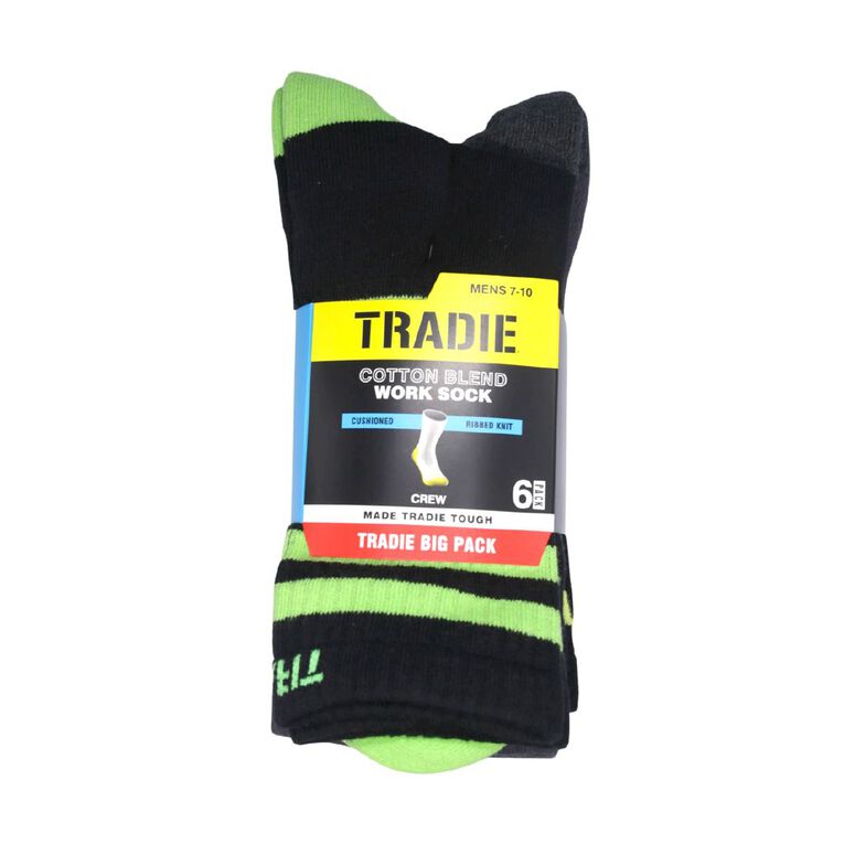 Tradie Men's Rib Work Crew Socks 6 Pack, Black, hi-res
