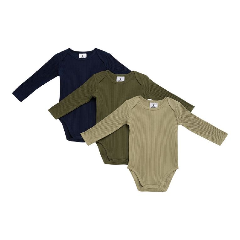 Young Original Babies' Long Sleeve Rib Bodysuit 3 Pack, Green Dark, hi-res