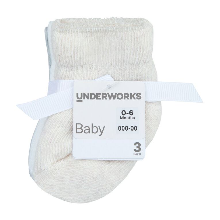 Underworks Newborn Cushioned Stay On Socks 3 Pack, Grey/White, hi-res