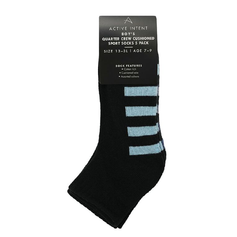 Active Intent Boys' Quarter Crew Cushioned Socks 5 Pack, Black, hi-res