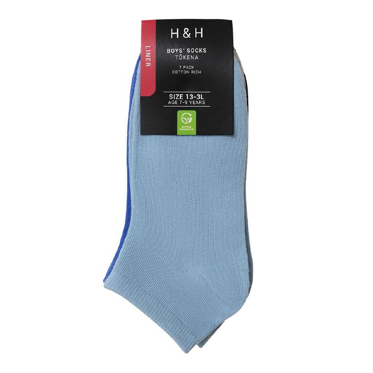 H&H Boys' Plain Liner Socks 7 Pack, Blue Mid, hi-res