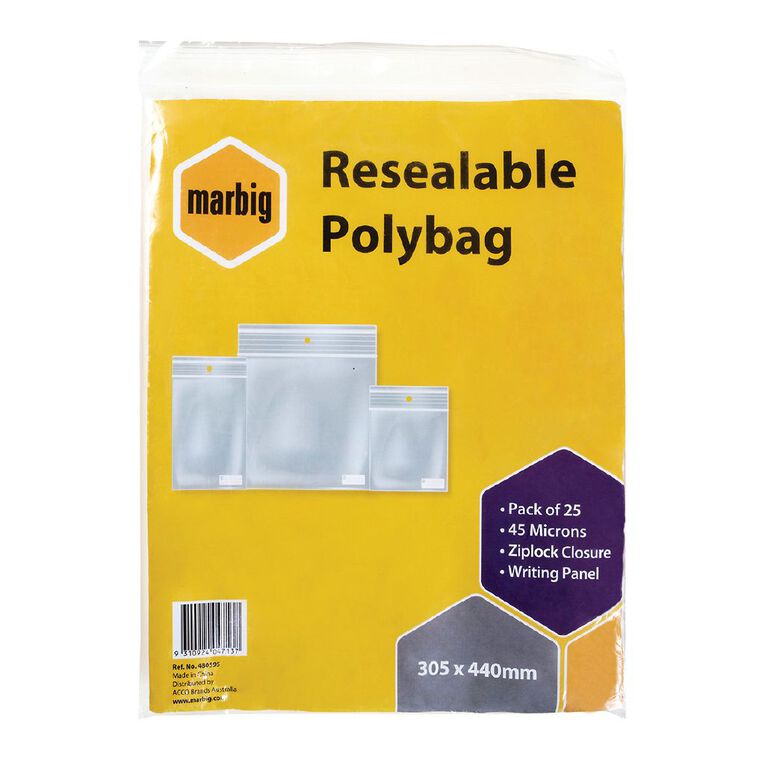Marbig Resealable Polybags 305x440mm W/Writing Panel 25 Pack, , hi-res