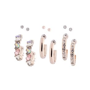 H&H Diamante Rose Gold Stud Hoop Earrings 6 Pairs