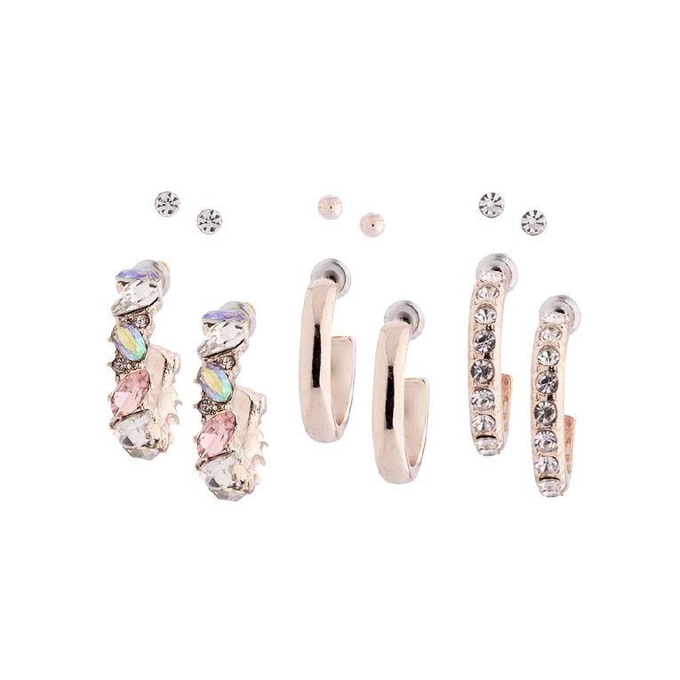 H&H Diamante Rose Gold Stud Hoop Earrings 6 Pairs, , hi-res