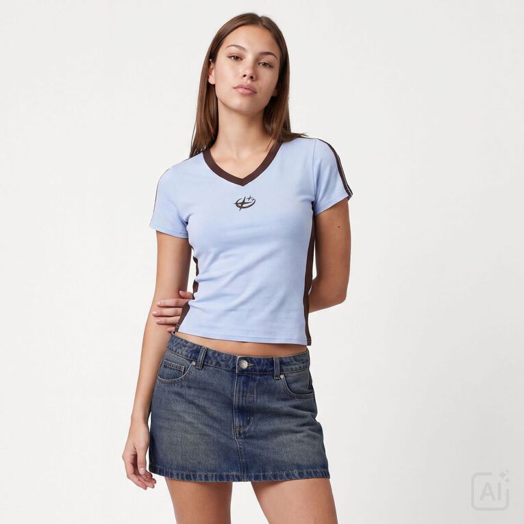 Garage Women's Short Sleeve V-Neck Contrast Panel Tee, Blue Mid, hi-res