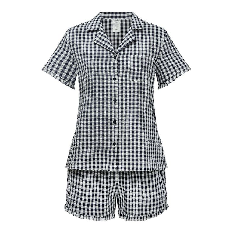 H&H Women's Seersucker Button Up Short Sleeve Pyjama Set, Blue Dark, hi-res