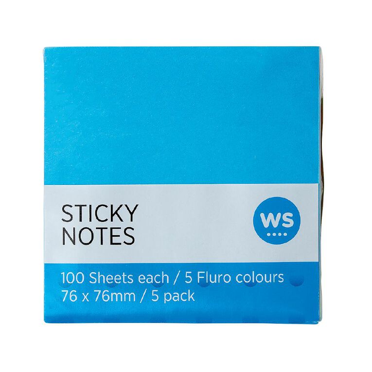 WS Sticky Notes 76mm x 76mm 100 Sheet 5 Pack Multi-Coloured, , hi-res