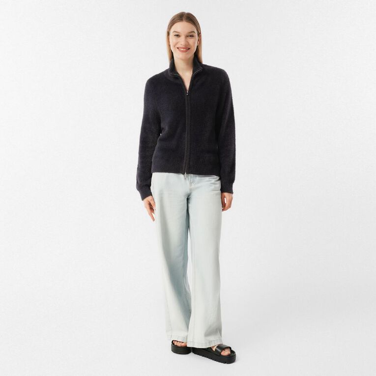 H&H Women's Zip Front Funnel Neck Knit, Black, hi-res