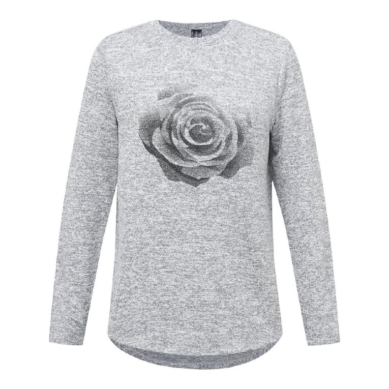 H&H Women's Long Sleeve Brushed Print Crew Top, Grey Marle, hi-res