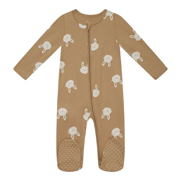 Young Original Babies' Zip-Thru Footed All-in-One, Brown Mid BUNNY, hi-res
