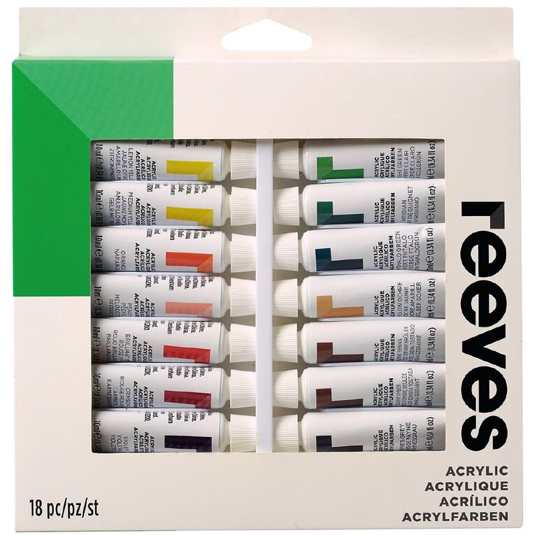 Reeves Acrylic Paint Set Tubes 12ml 18 Pack Multi Colour, , hi-res