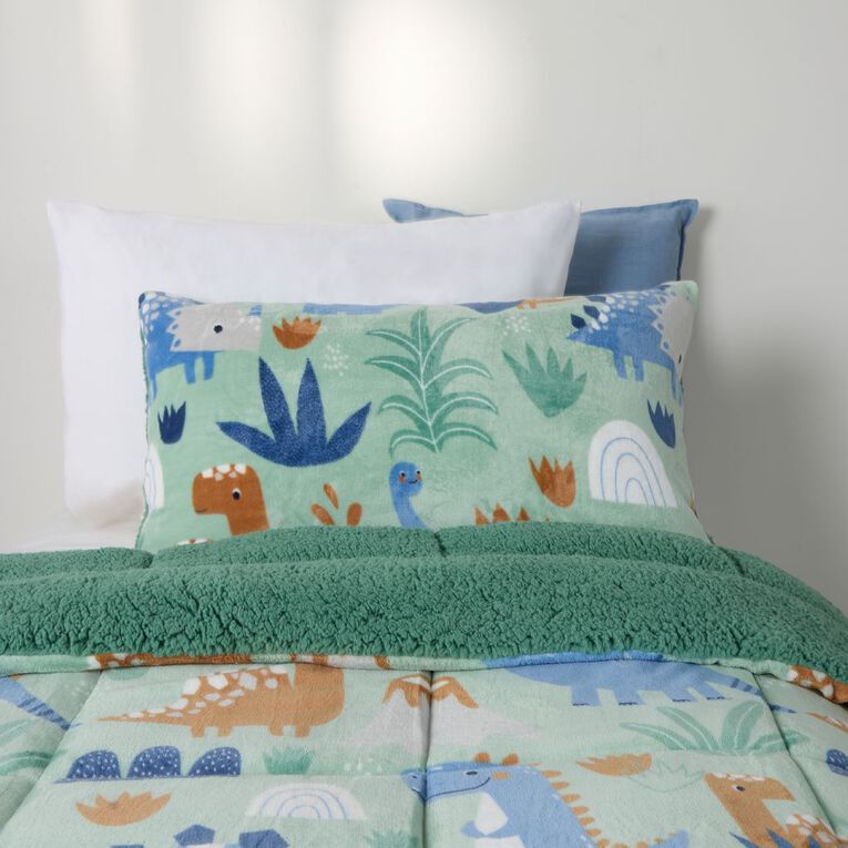 Living & Co Kids Plush Comforter Set Sherpa Reverse Dinosaur Green, , hi-res