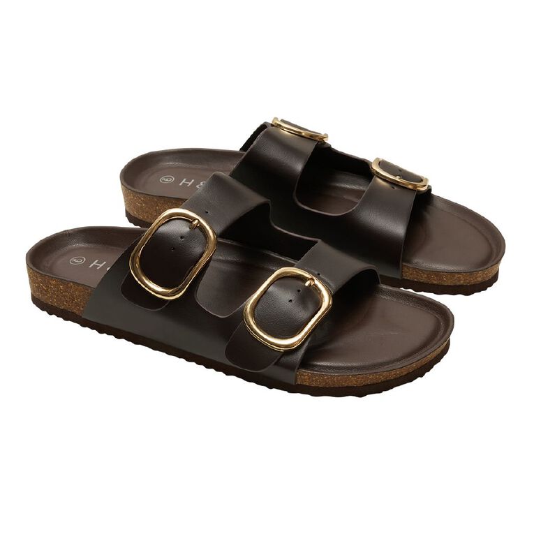 H&H Women's Ada Double Buckle Slides, Brown, hi-res