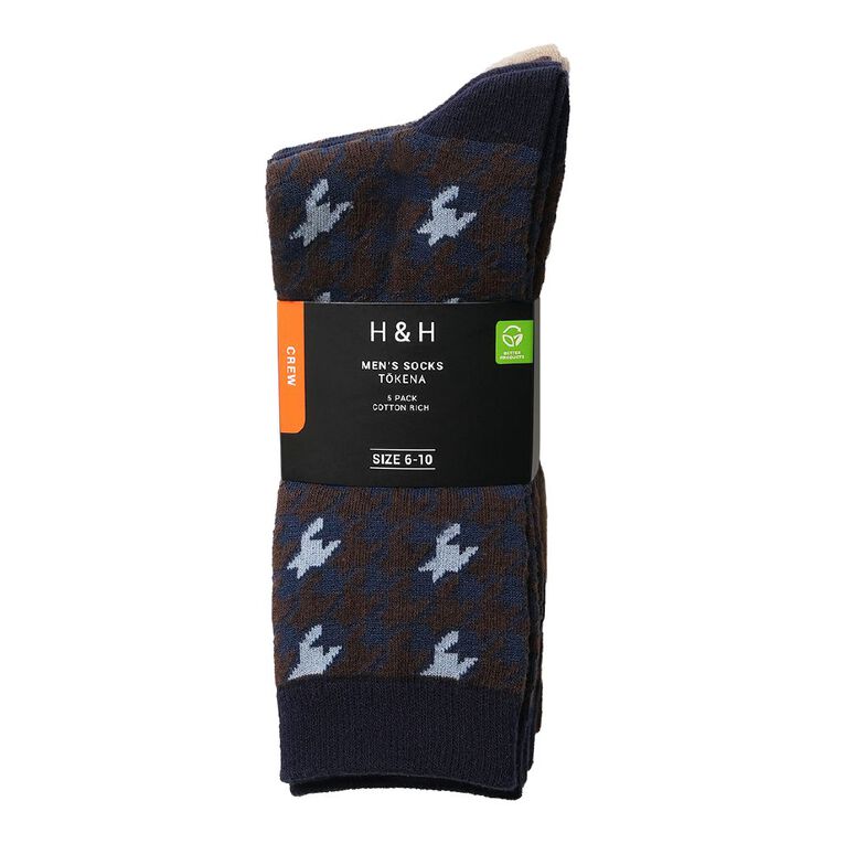 H&H Men's Business Crew Patterned Socks 5 Pack, Brown, hi-res