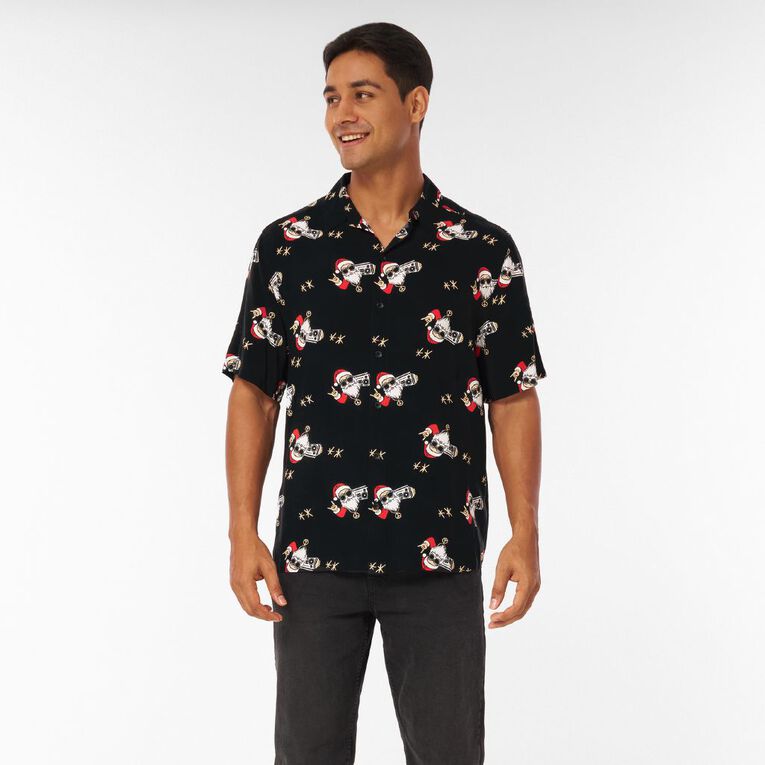 H&H Men's Short Sleeve Printed Shirt, Black, hi-res