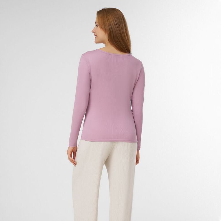 H&H Women's Henley Rib Pyjama Top, Purple Mid, hi-res
