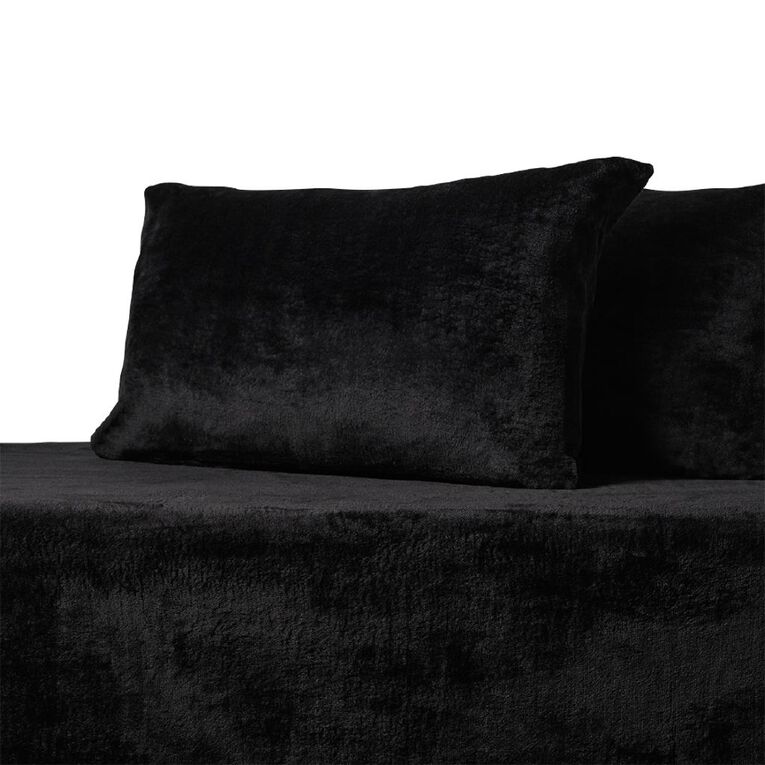 Living & Co Plush Fitted Sheet Set with Pillowcase Black Double, , hi-res