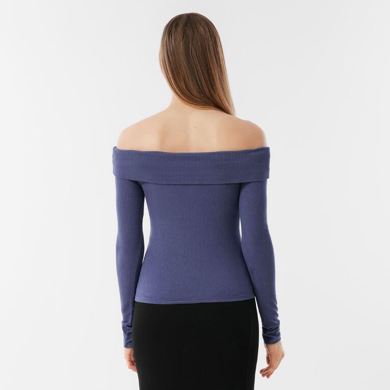 H&H Women's Long Sleeve Rib Bardot, Blue Mid, hi-res