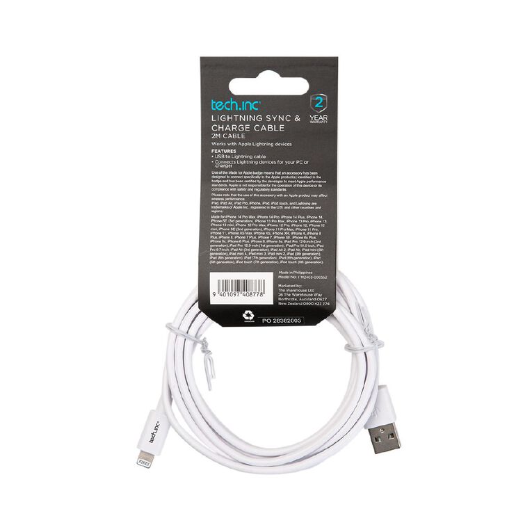 Tech.Inc USB A To Lightning Cable 2m White, , hi-res