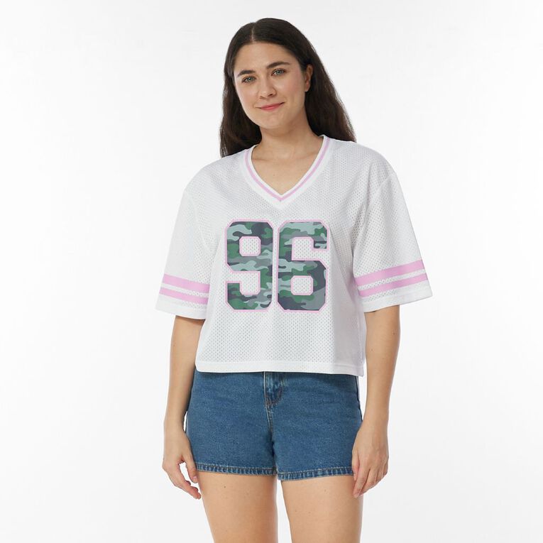 Garage Women's Short Sleeve Cropped Mesh Sport Tee, White, hi-res