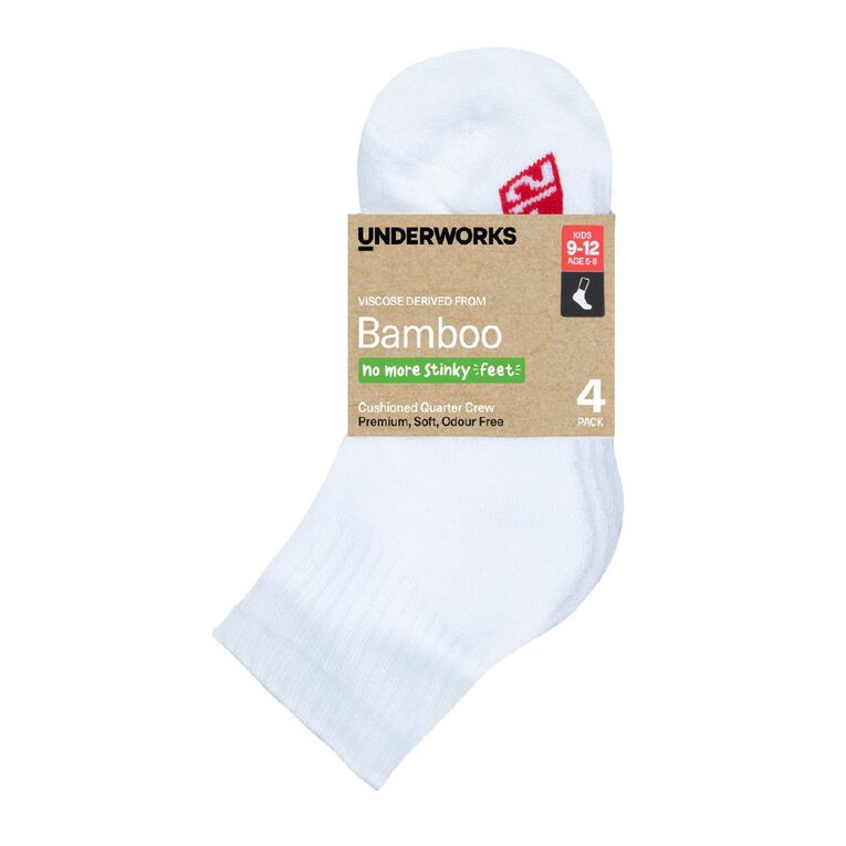 Underworks Kids' Bamboo Quarter Crew Socks 4 Pack, White, hi-res