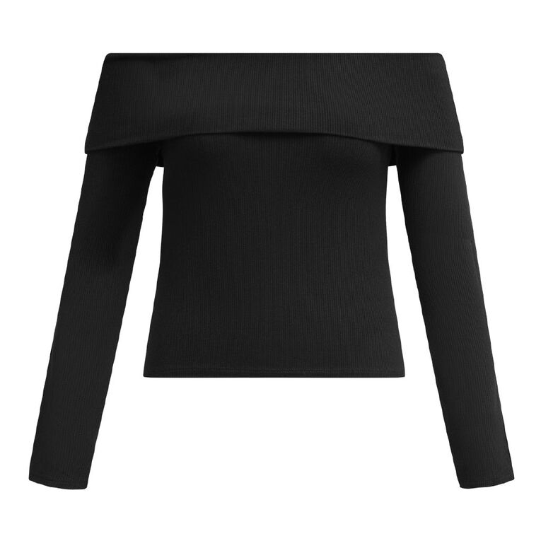 H&H Women's Long Sleeve Rib Bardot, Black, hi-res