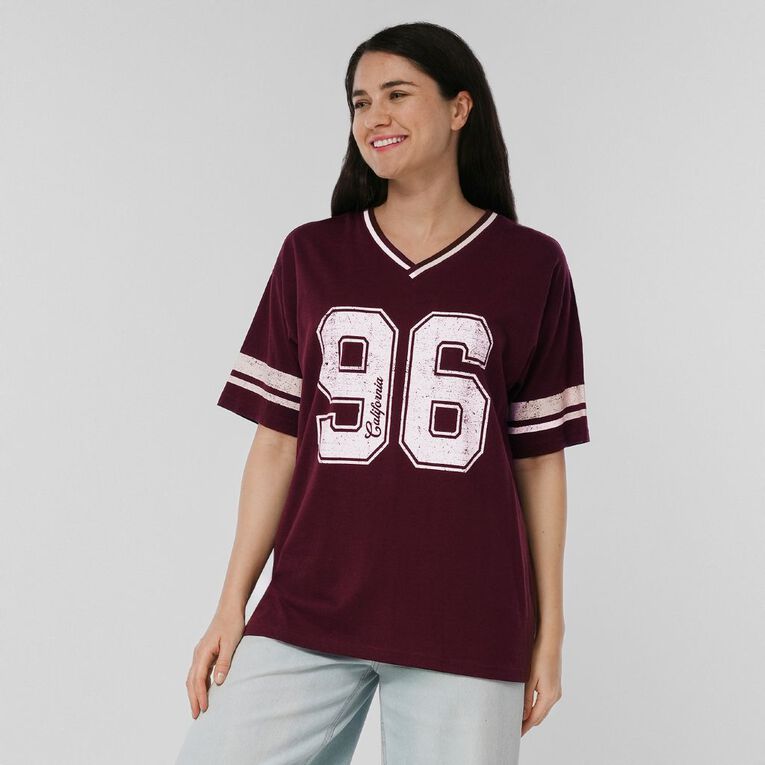 H&H Women's V Neck Relaxed Drop Shoulder Tee, Red Dark, hi-res