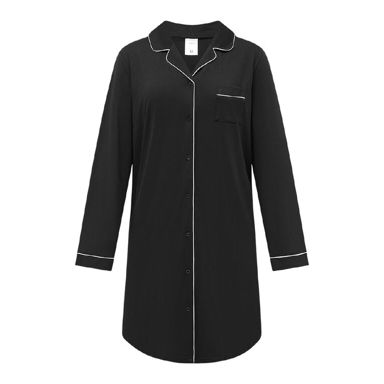 H&H Women's Comfy Button Up Nightie, Black, hi-res