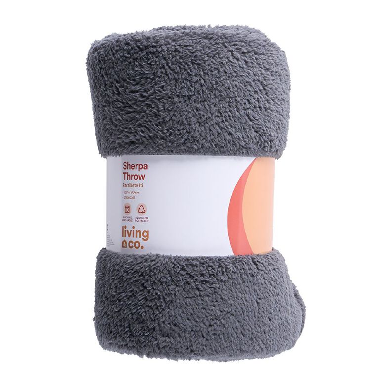 Living & Co Throw Sherpa Charcoal 127cm x 152cm, , hi-res