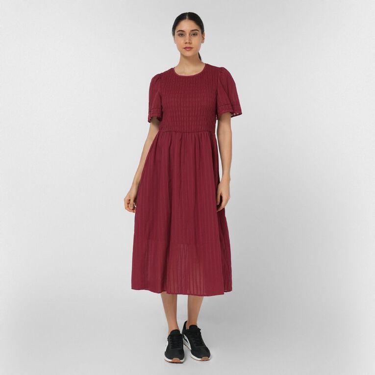 H&H Women's Shirring Midi Short Sleeve Dress, Red Dark, hi-res