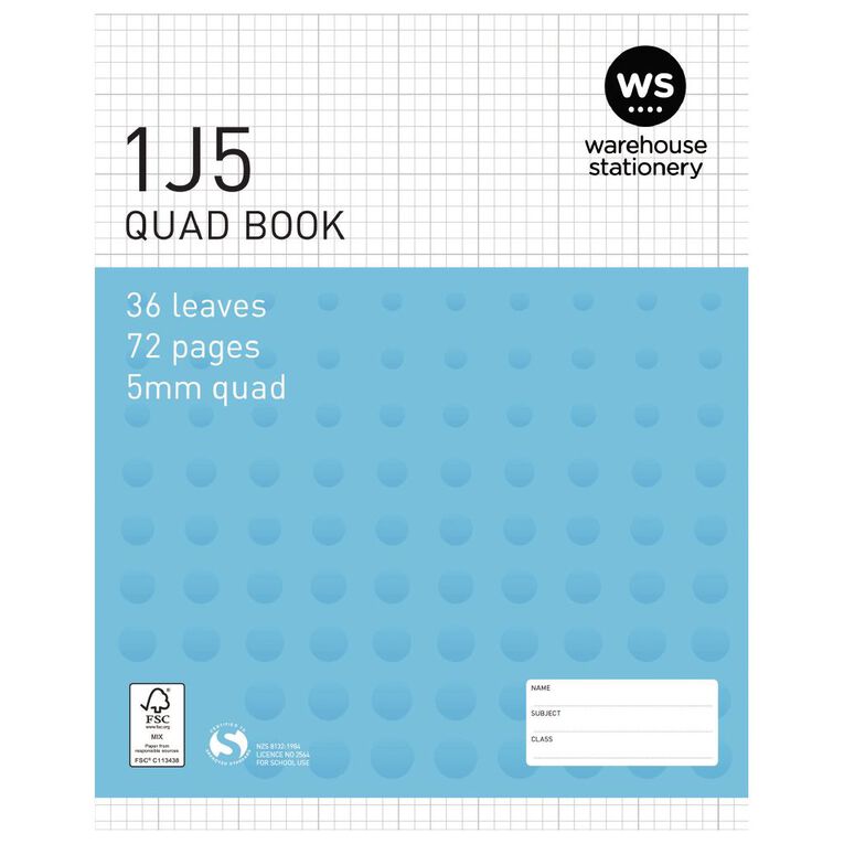 WS Exercise Book 1J5 5mm Quad 36 Leaf Blue, , hi-res