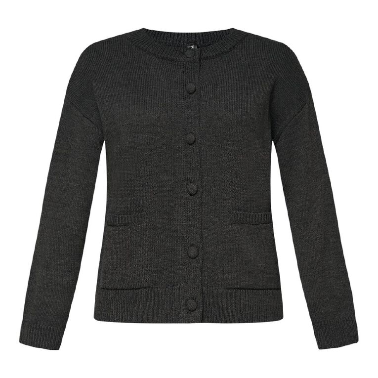 H&H Women's Chunky Button Crew Cardigan, Charcoal/Marle, hi-res