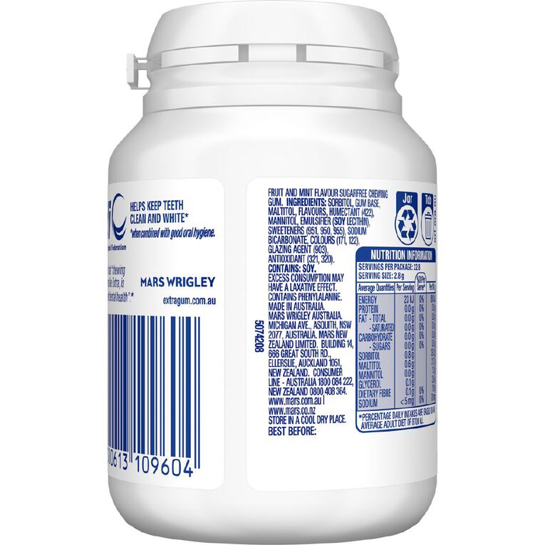 Extra White Bubblemint Chewing Gum SF Bottle 46 Piece 64g, , hi-res