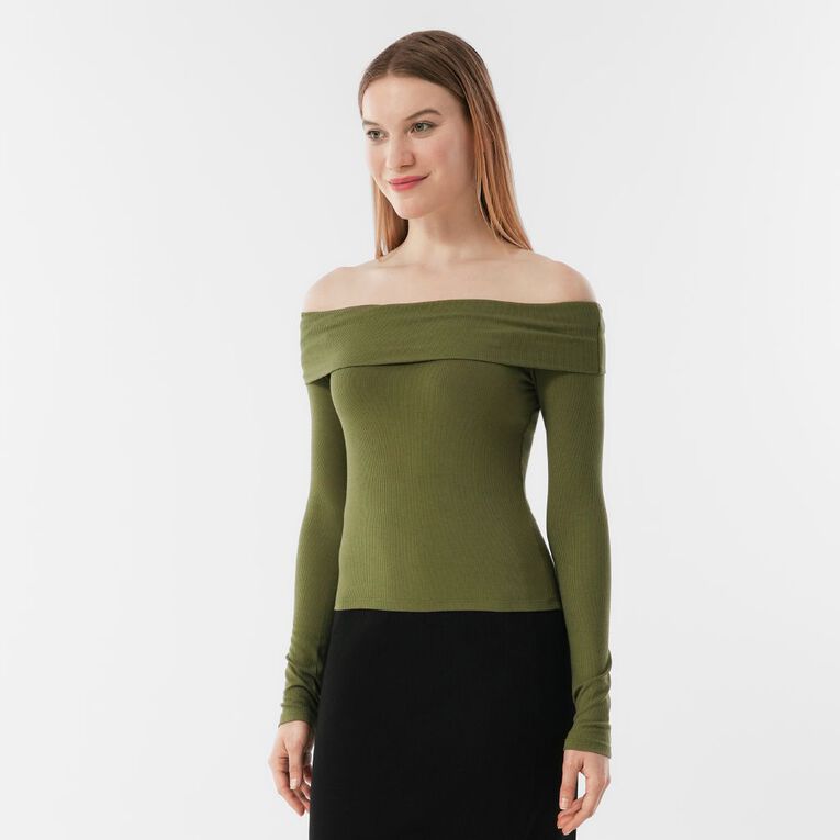 H&H Women's Long Sleeve Rib Bardot, Green Mid, hi-res