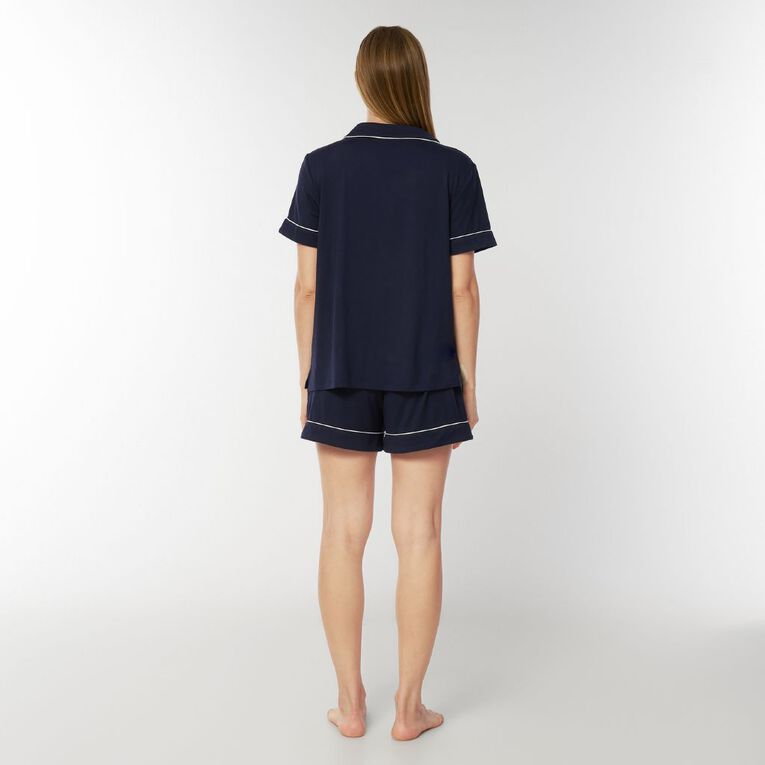 H&H Women's Comfy Button Up Short Sleeve Pyjama Set, Blue Dark, hi-res
